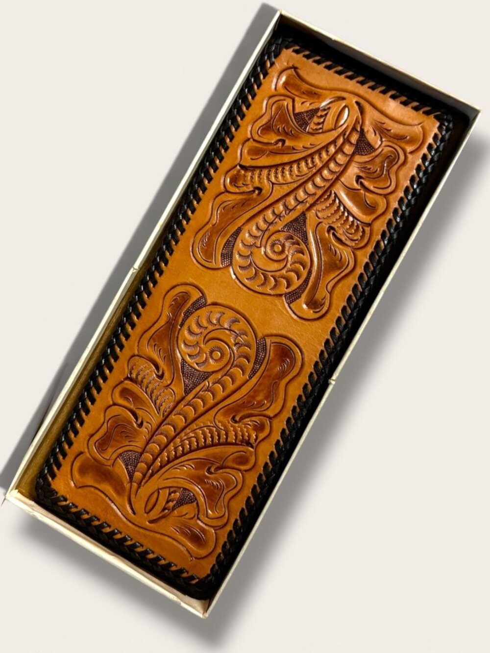 Vintage Hand-Tooled Leather BiFold Wallet With Floral & Scroll Design In NOS Ori